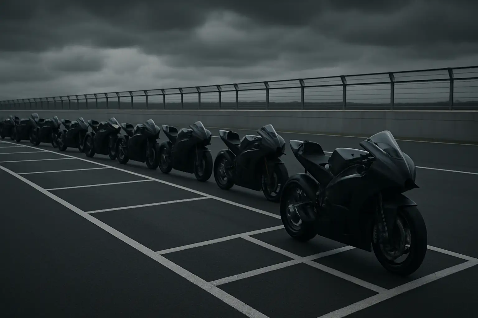 MotoGP bikes lined up on a race grid at the Brno circuit under overcast skies
