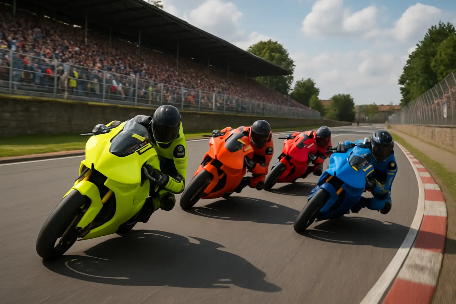 MotoGP bikes racing through a tight left-hand corner at a European circuit surrounded by dense crowds