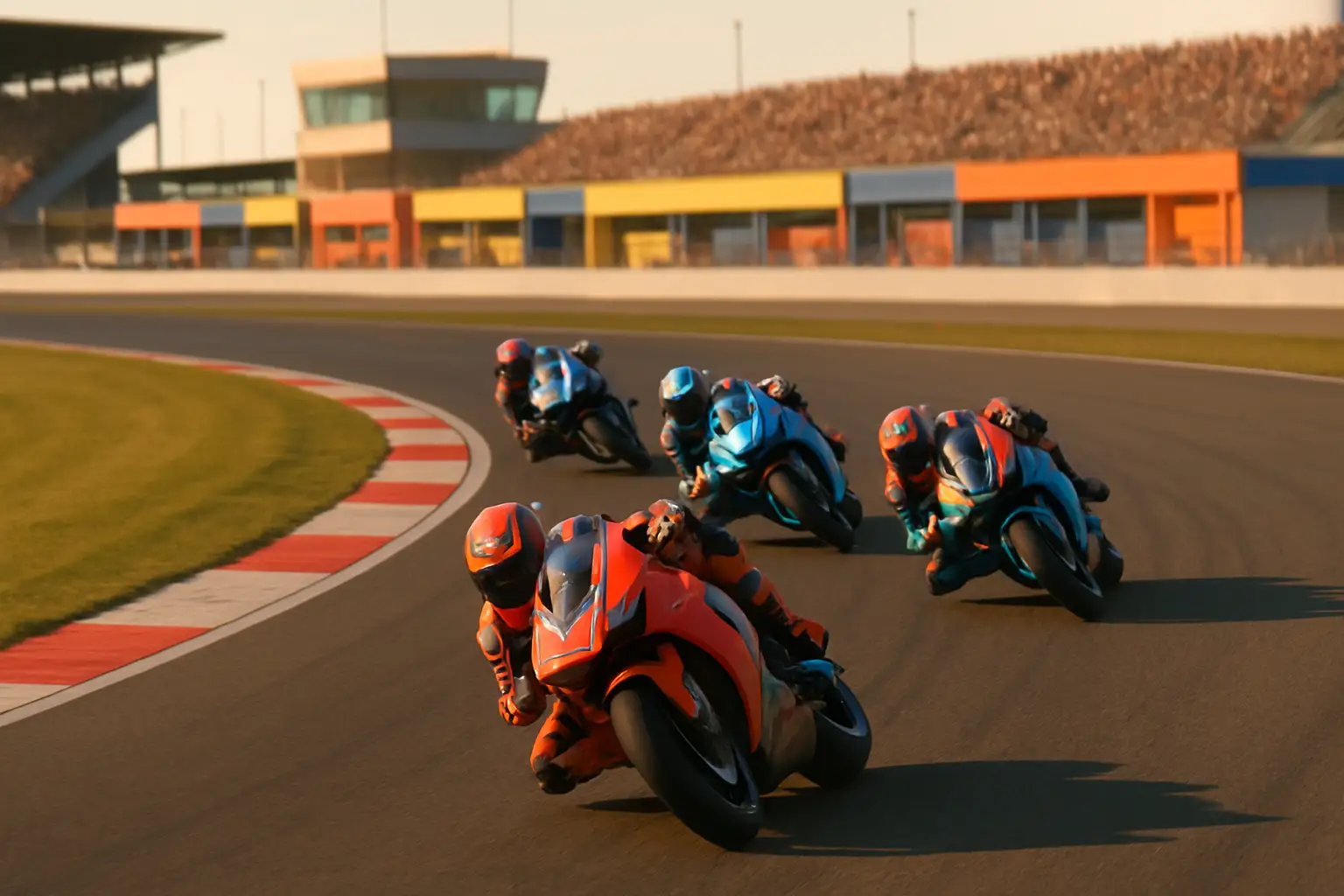 MotoGP riders racing on a circuit with grandstands filled with fans in the background