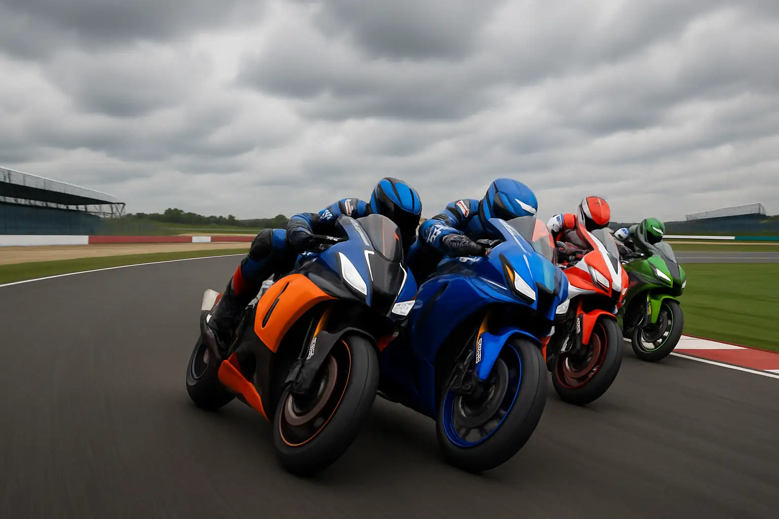 MotoGP riders racing through a fast sweeping corner at a British circuit under cloudy skies