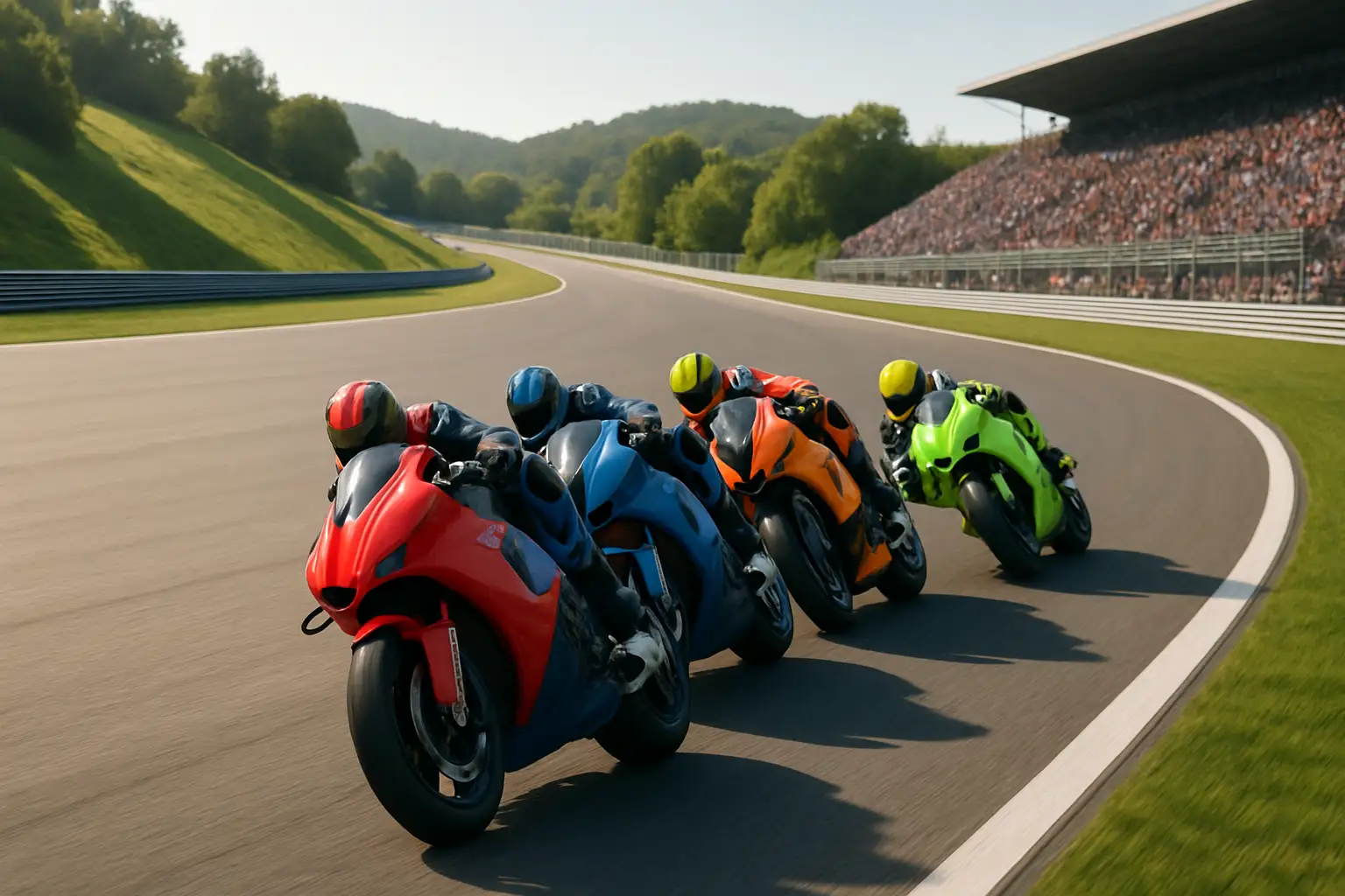 MotoGP motorcycles racing through a sweeping corner at the Brno circuit in the Czech Republic