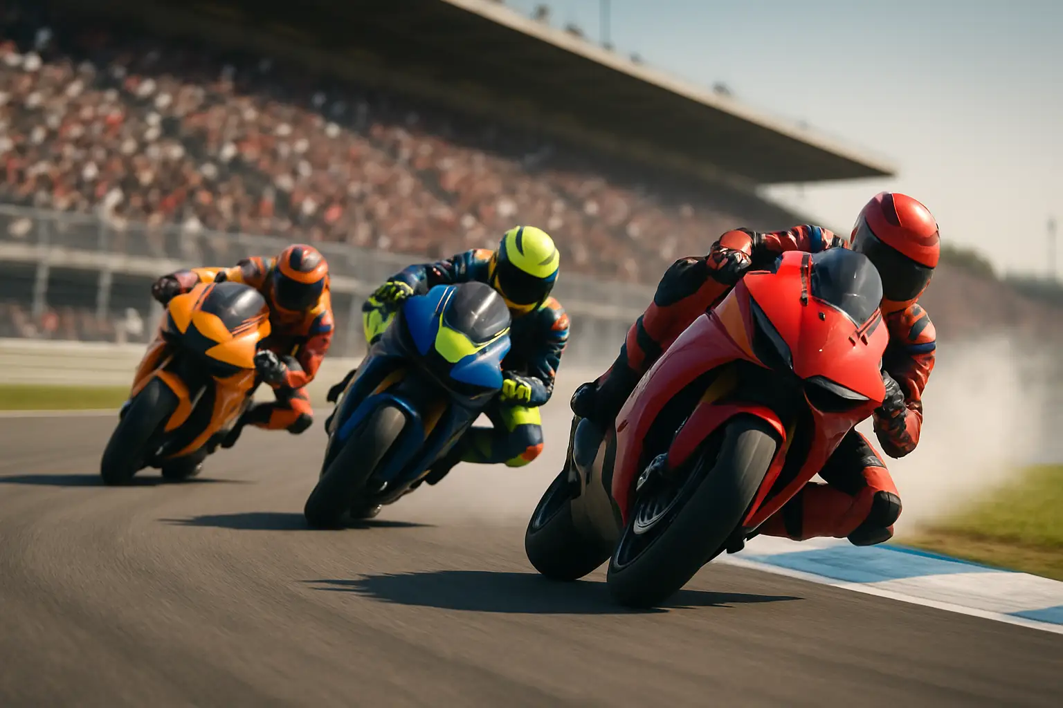 MotoGP riders on track at a circuit with grandstands in the background