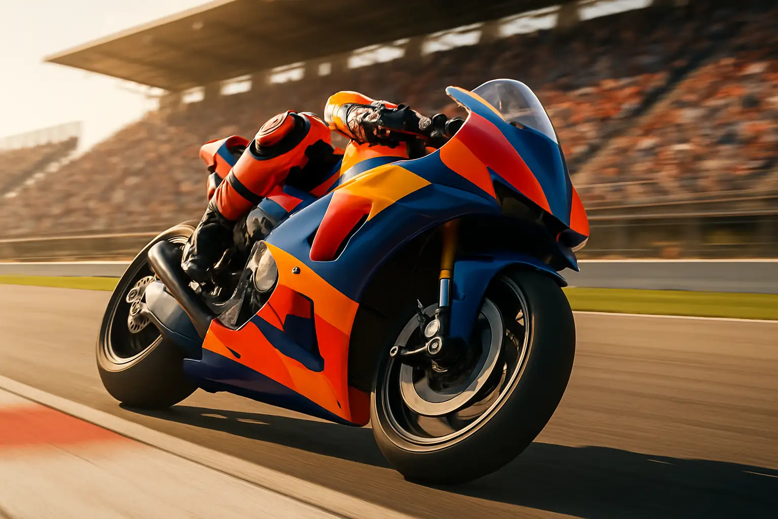 MotoGP motorcycle racing on a circuit with grandstands in the background