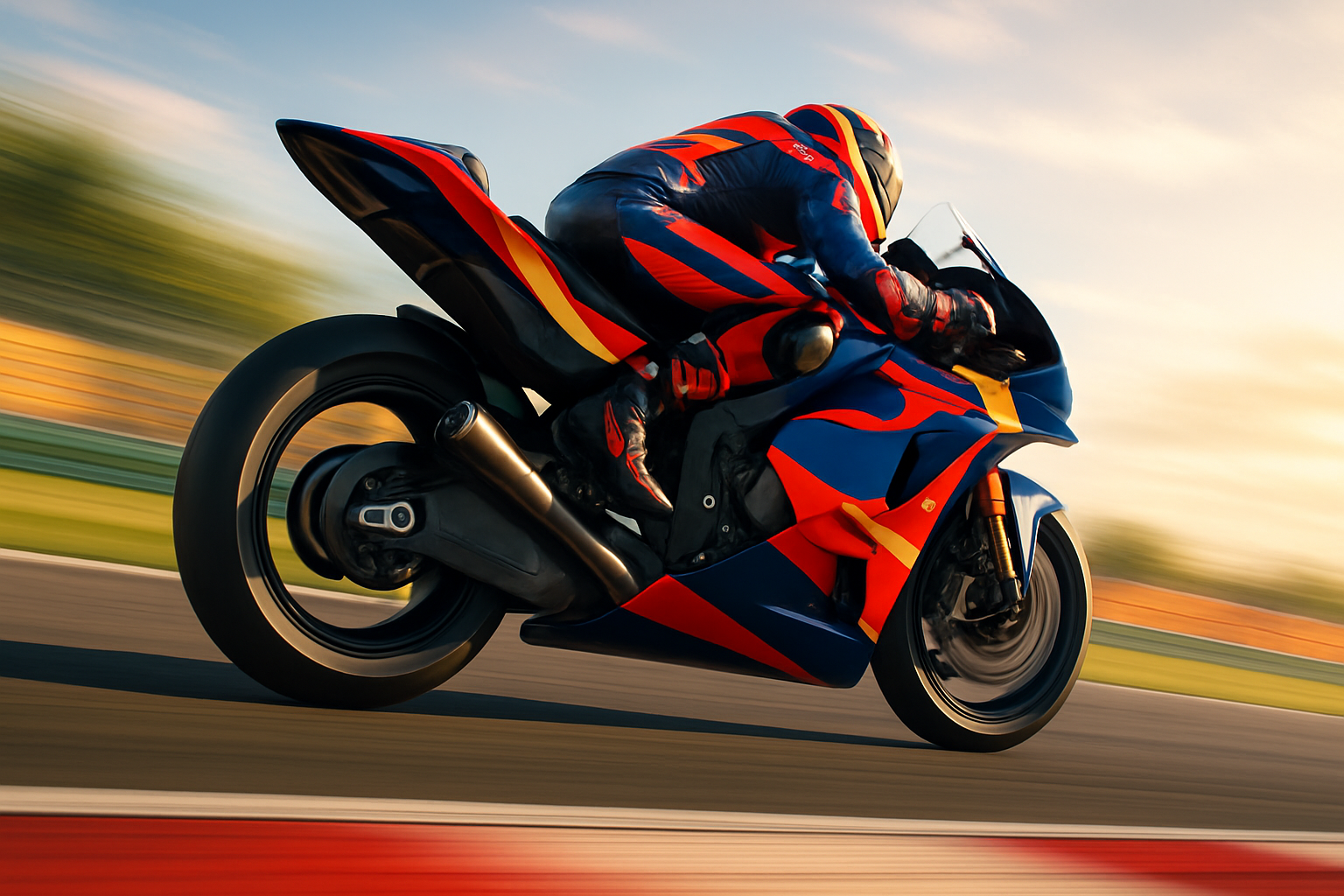 MotoGP bike on track with sponsor branding visible under dramatic race lighting