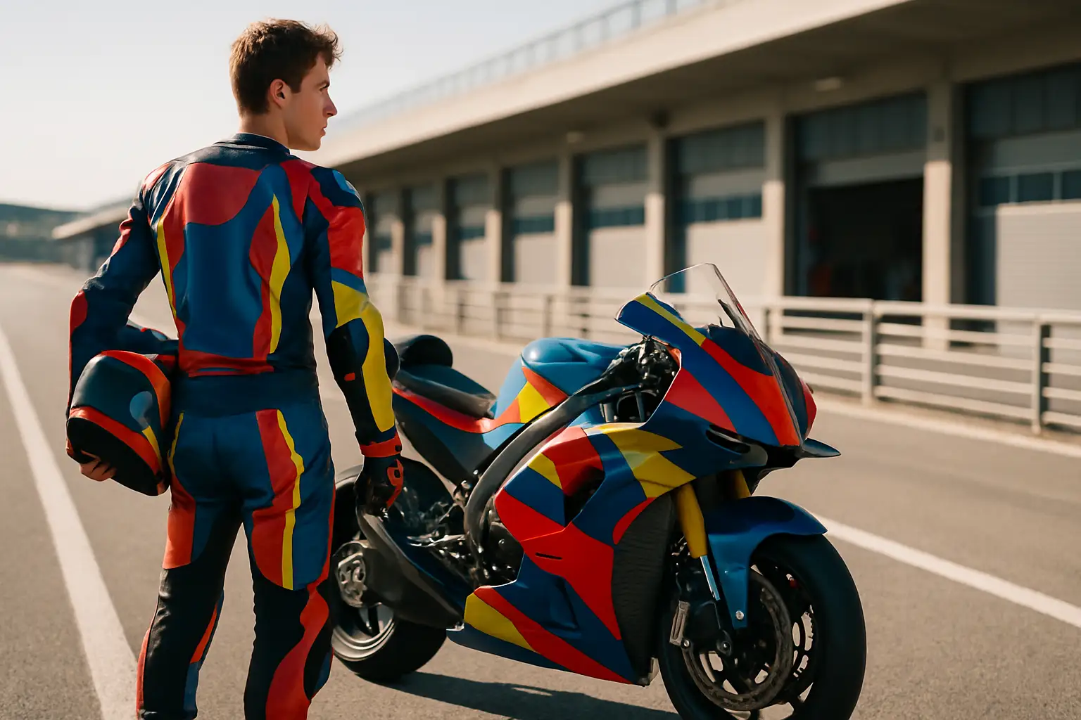 A MotoGP rider in full racing leathers stands beside a motorcycle on a circuit, looking toward the track