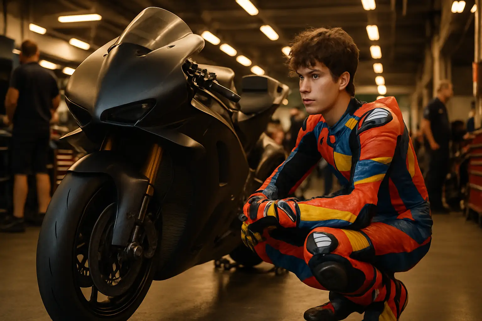 MotoGP rider in full racing leathers crouching beside a racing motorcycle in a paddock garage