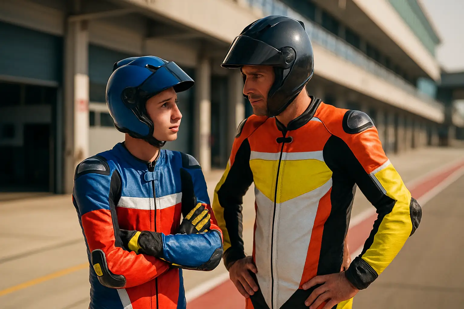 Two MotoGP riders on a pit lane walkway, one young and one veteran, in conversation near their bikes