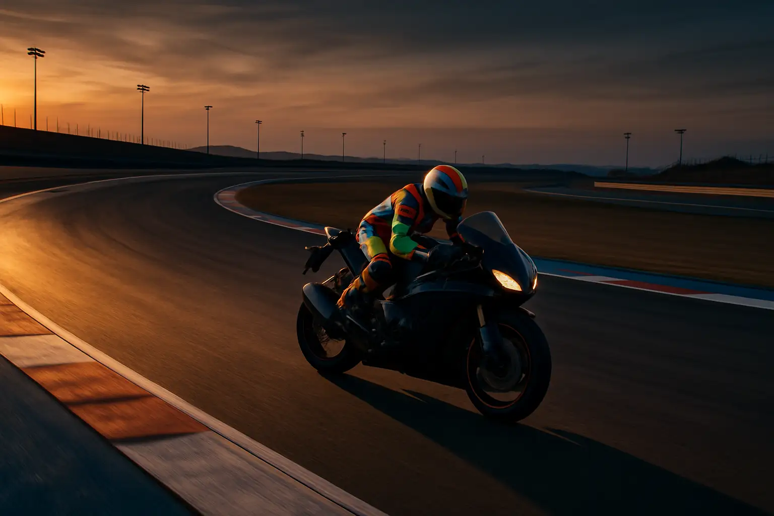 MotoGP rider in full racing leathers and helmet on a modern race bike at a Grand Prix circuit
