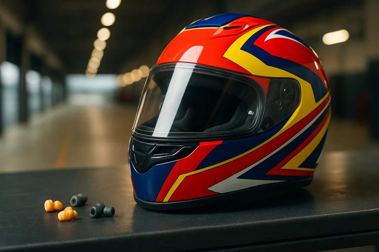 A MotoGP rider adjusting helmet equipment in the paddock before a race