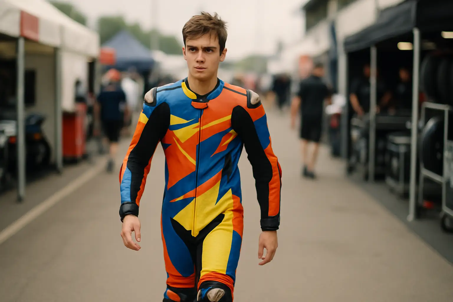 MotoGP rider in full racing leathers walking through a busy paddock area with team garages in the background