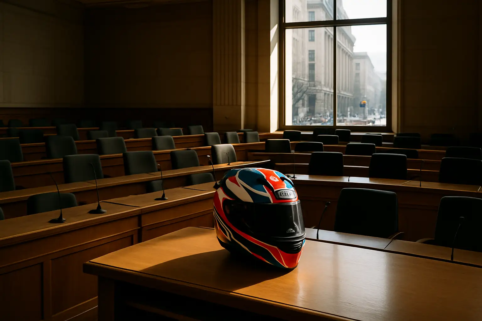Adelaide city council chamber with empty seats and a motorcycle racing poster on the wall