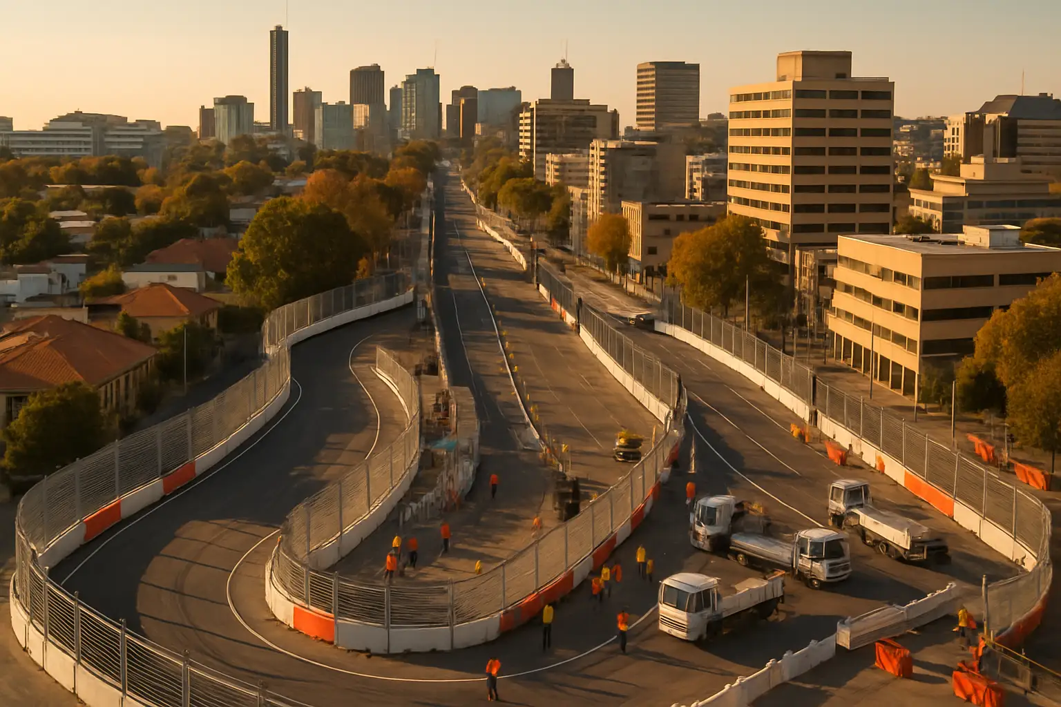 Aerial view of a temporary street circuit being constructed in an Australian city for a major motorsport event