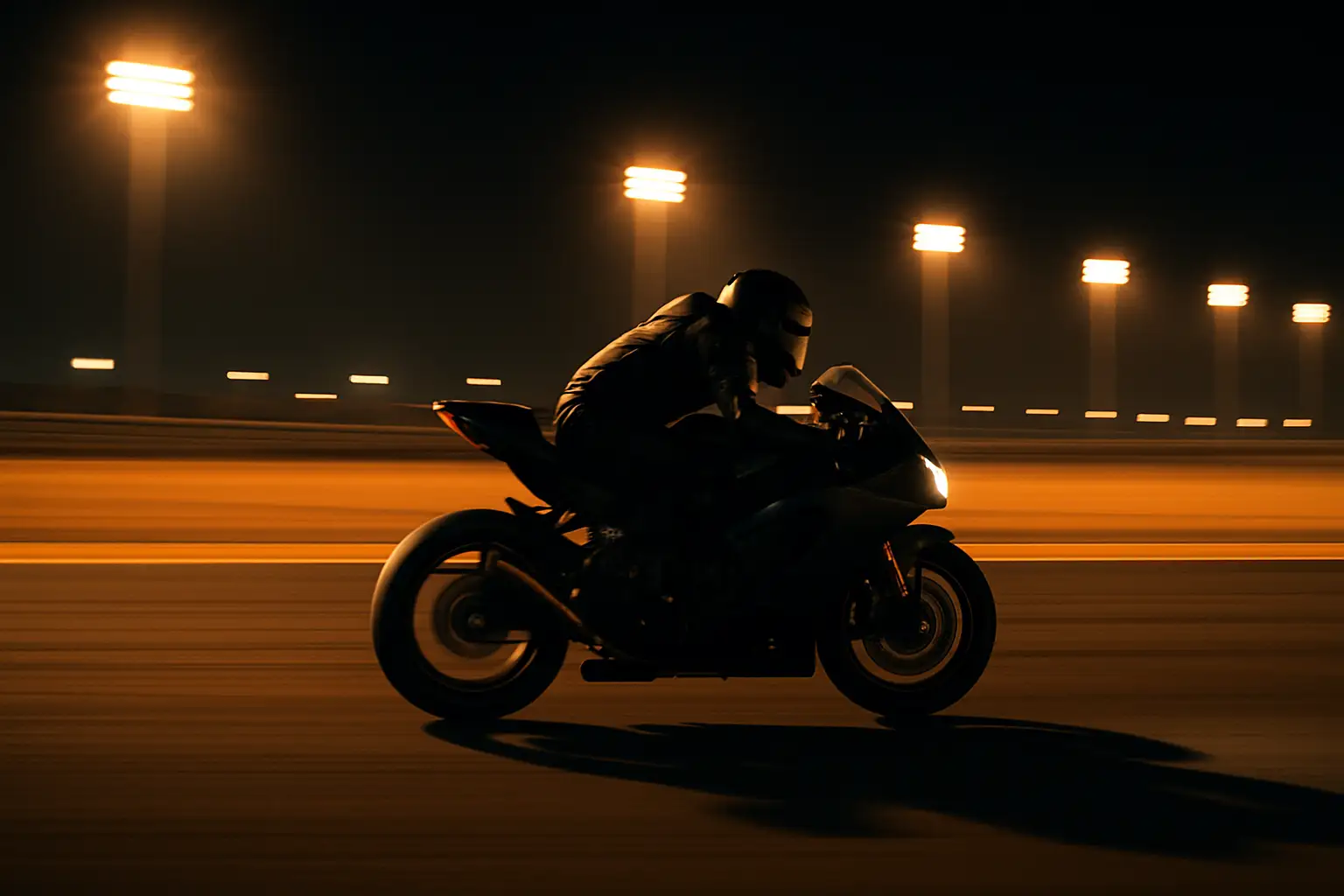 A motorcycle racer speeding through a dramatic circuit at night with cinematic lighting