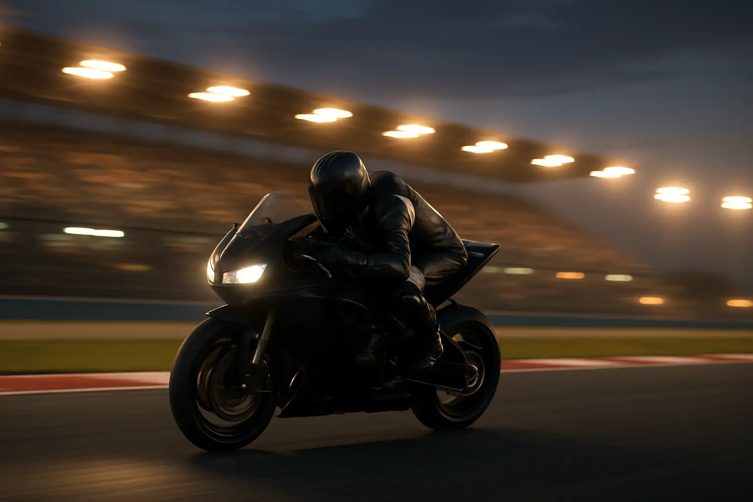 A motorcycle racer speeding on a grand prix circuit at dusk with dramatic lighting