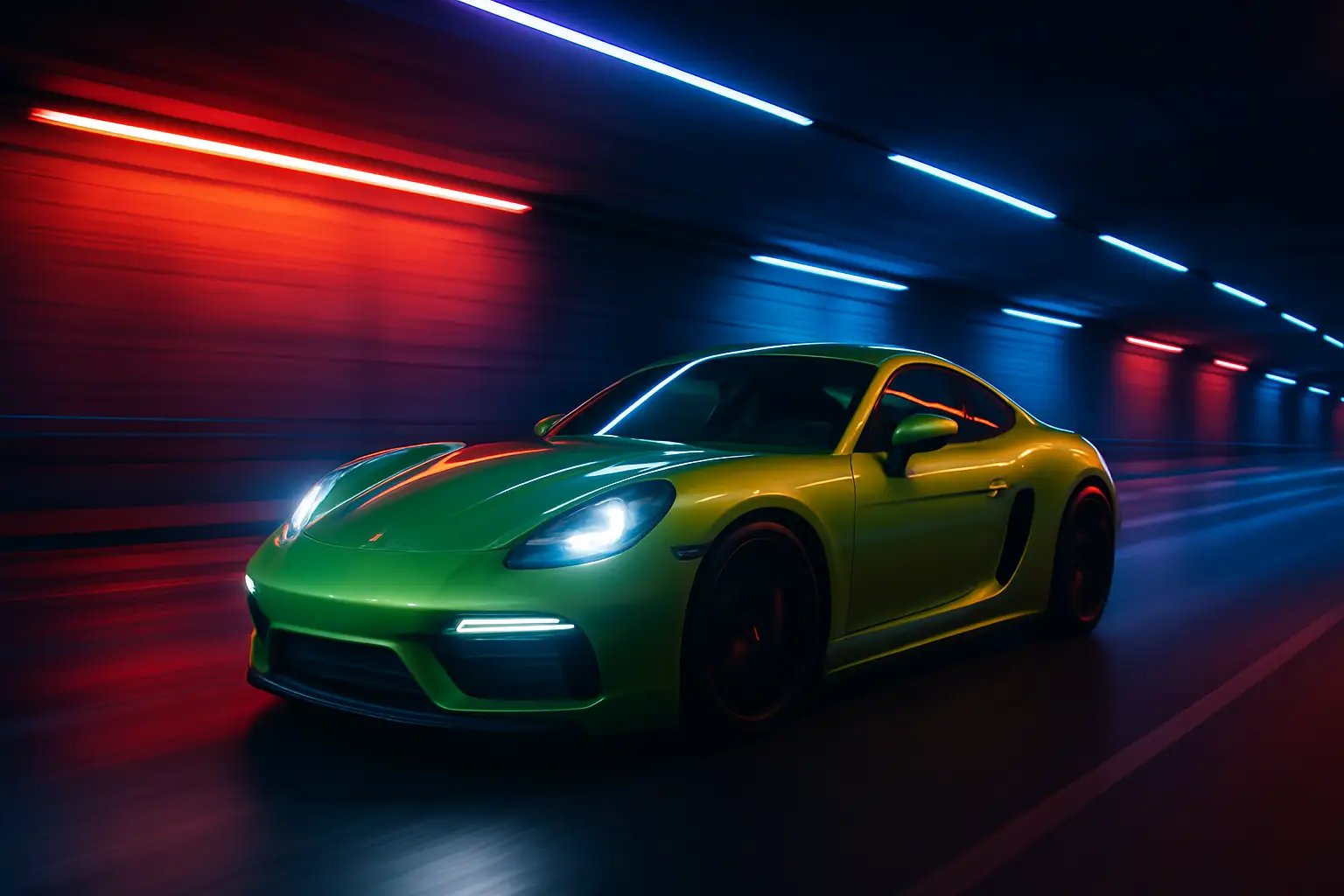 A sleek sports car speeding down a rain-slicked city highway at night with dramatic light trails