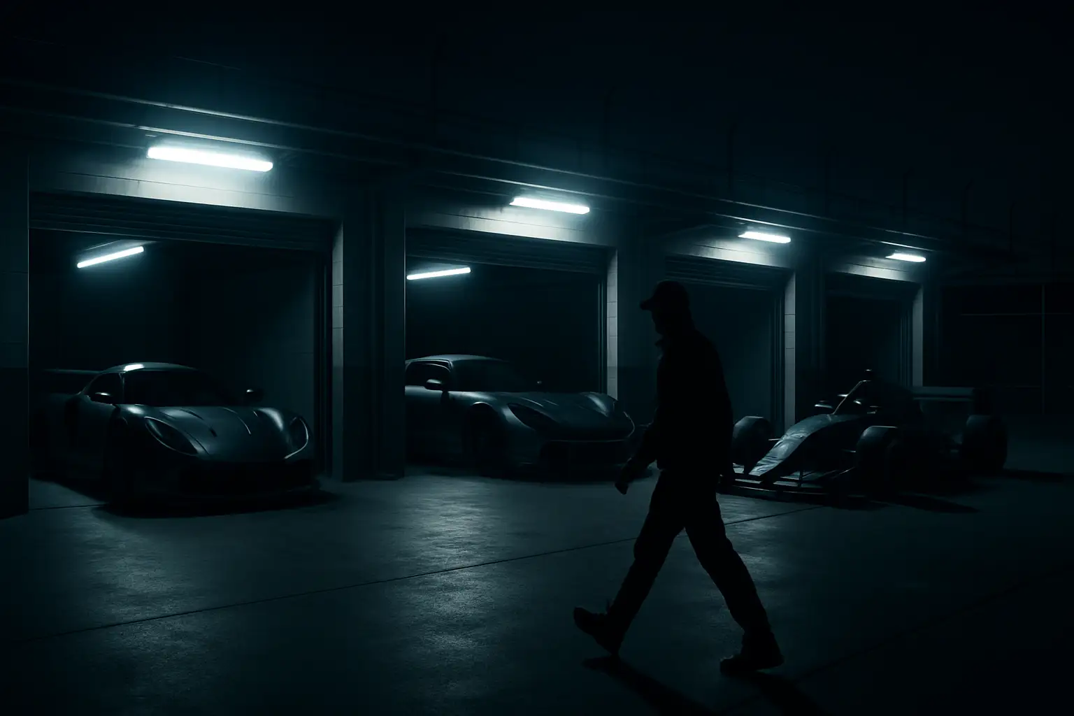 Cinematic scene of a MotoGP paddock at night with dramatic lighting suggesting intrigue and action