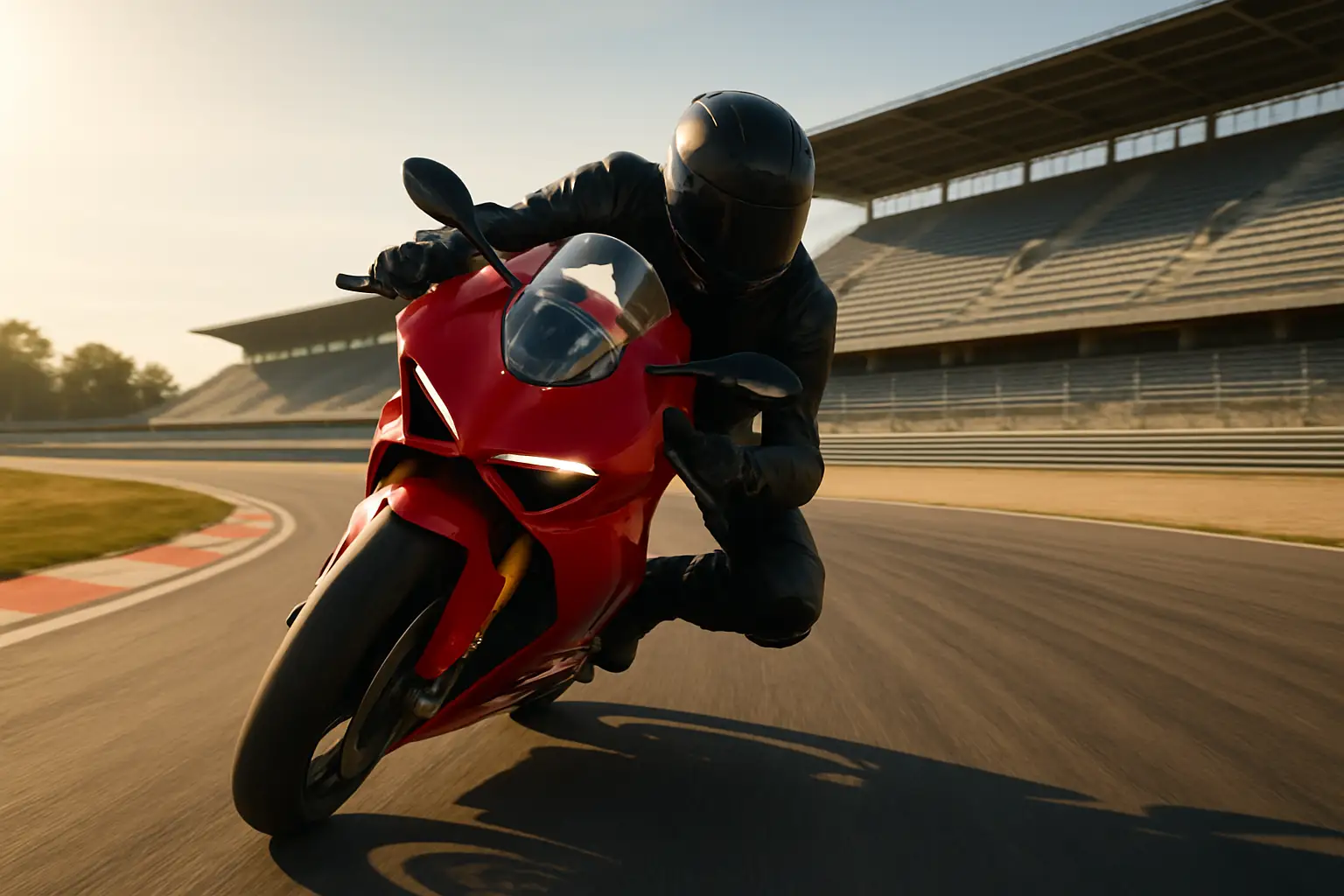 A MotoGP rider on a red Ducati Panigale leaning into a corner on a Spanish circuit