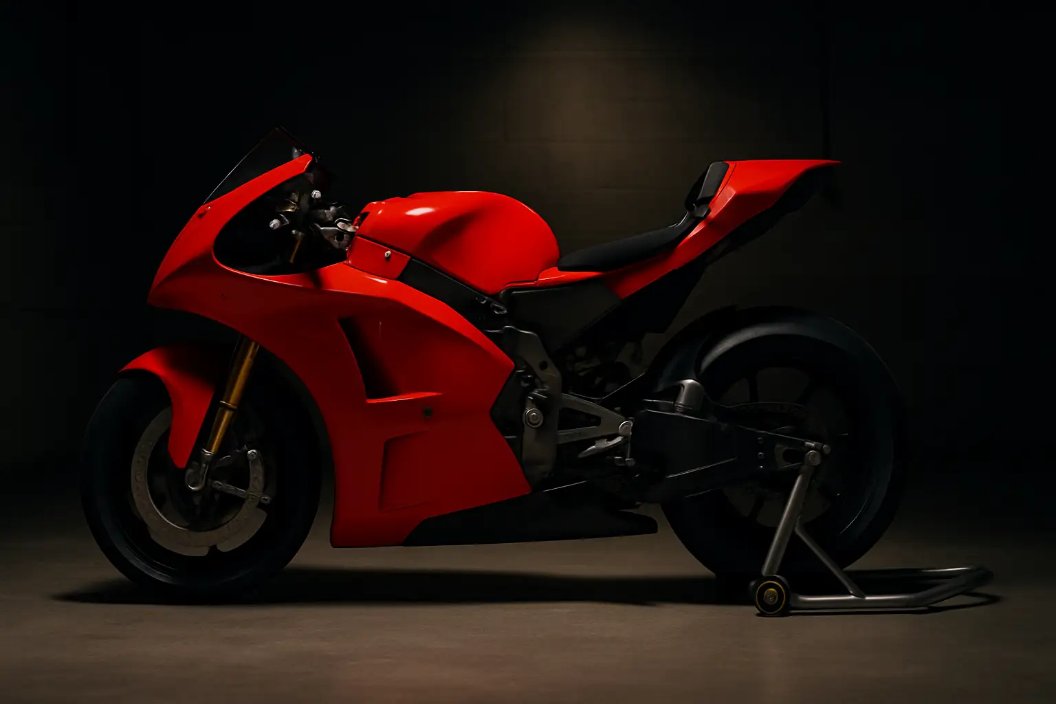 An Aprilia MotoGP prototype on display under dramatic lighting in a private collection setting