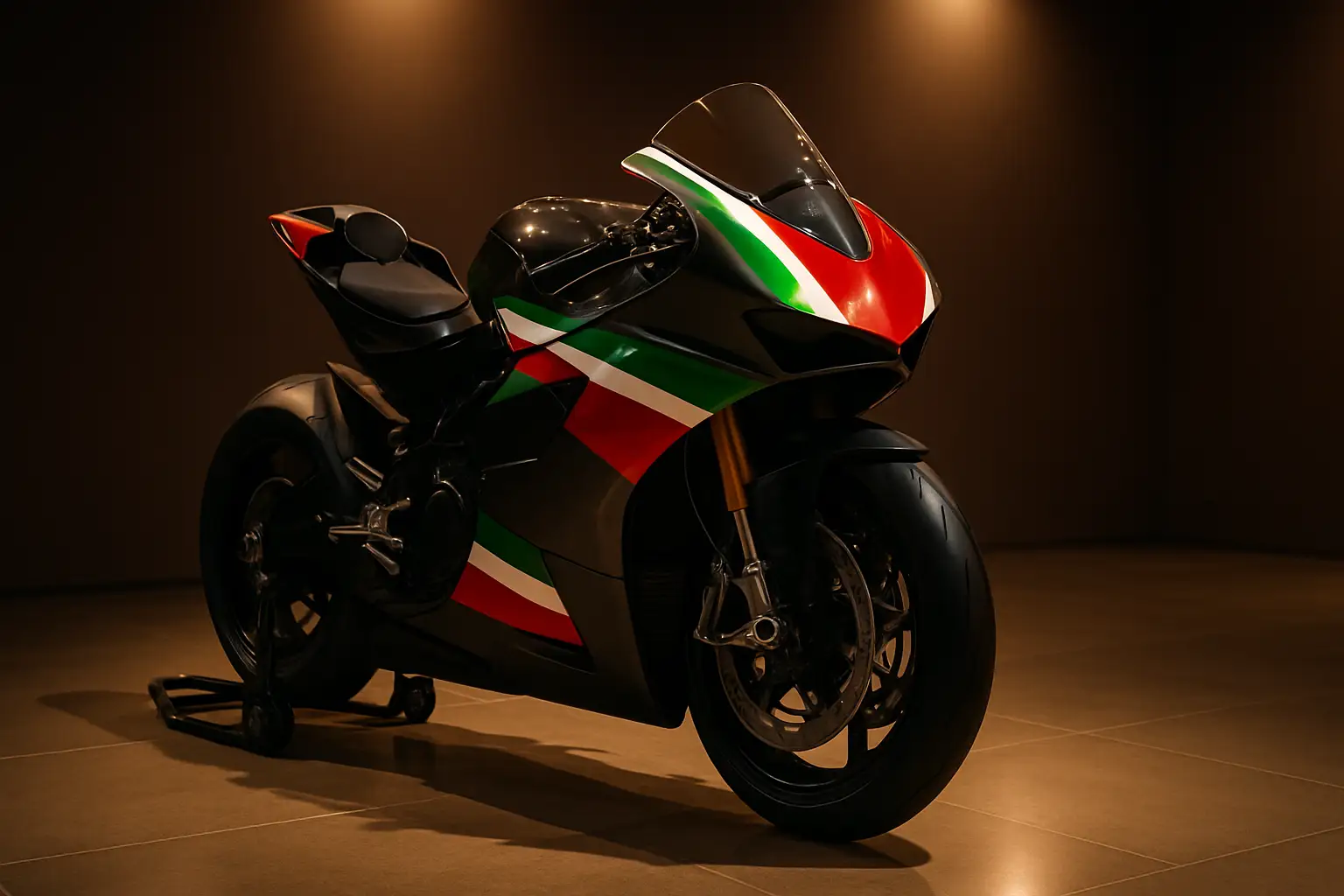 An Aprilia MotoGP race bike on display under dramatic lighting in a garage setting
