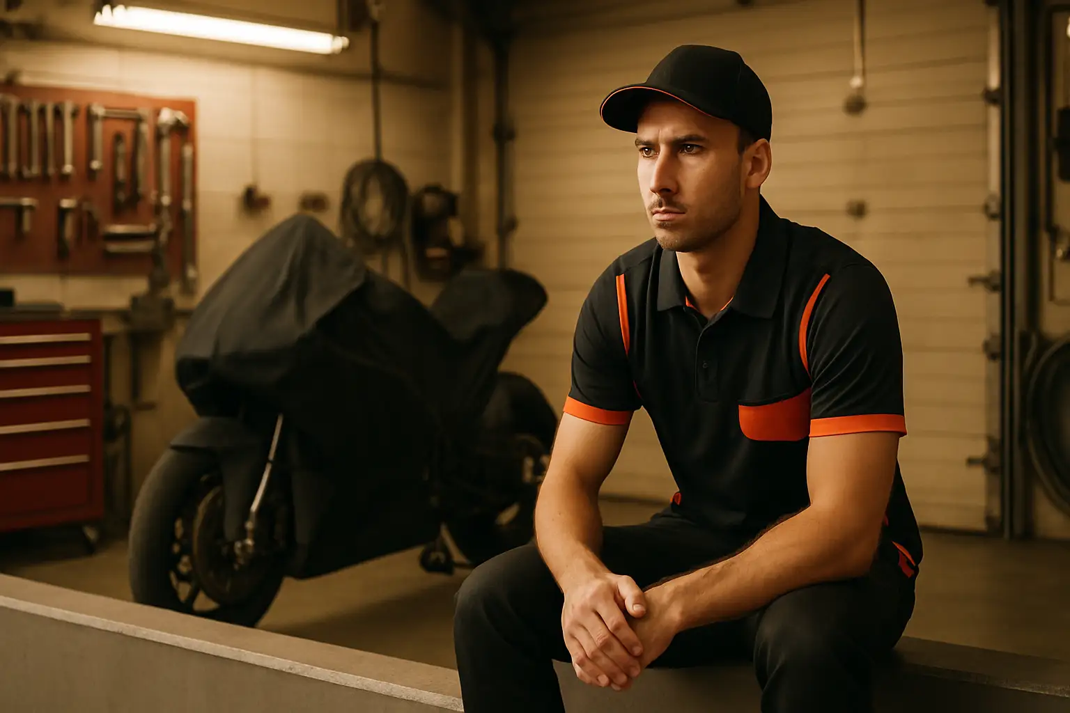 MotoGP rider in recovery wearing team gear, seated in a paddock garage environment