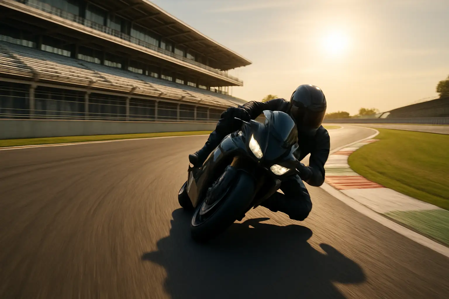 A MotoGP rider on a red racing motorcycle leaning into a corner on a European circuit