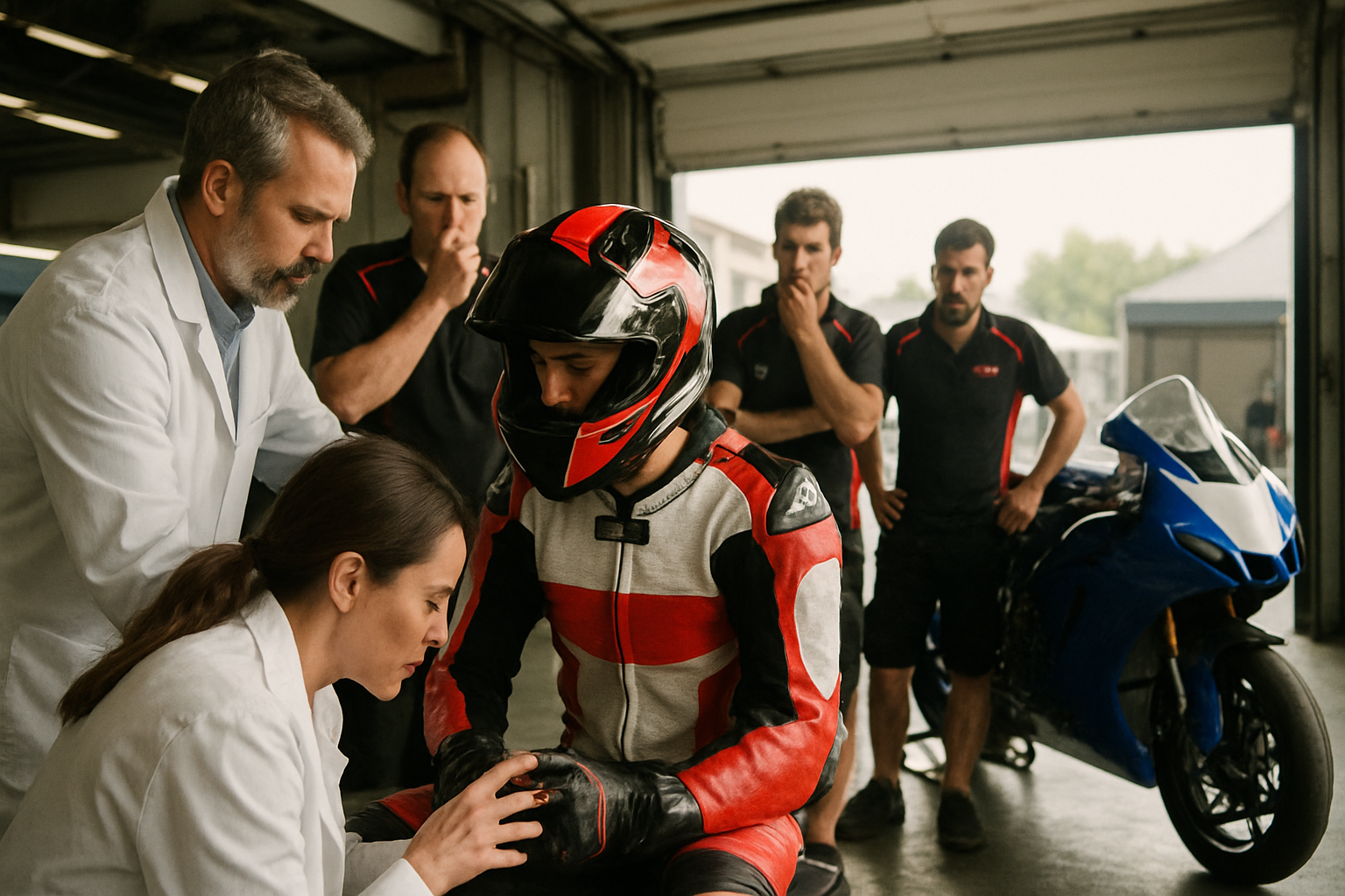 A MotoGP rider in racing leathers being assessed by medical staff in a paddock setting
