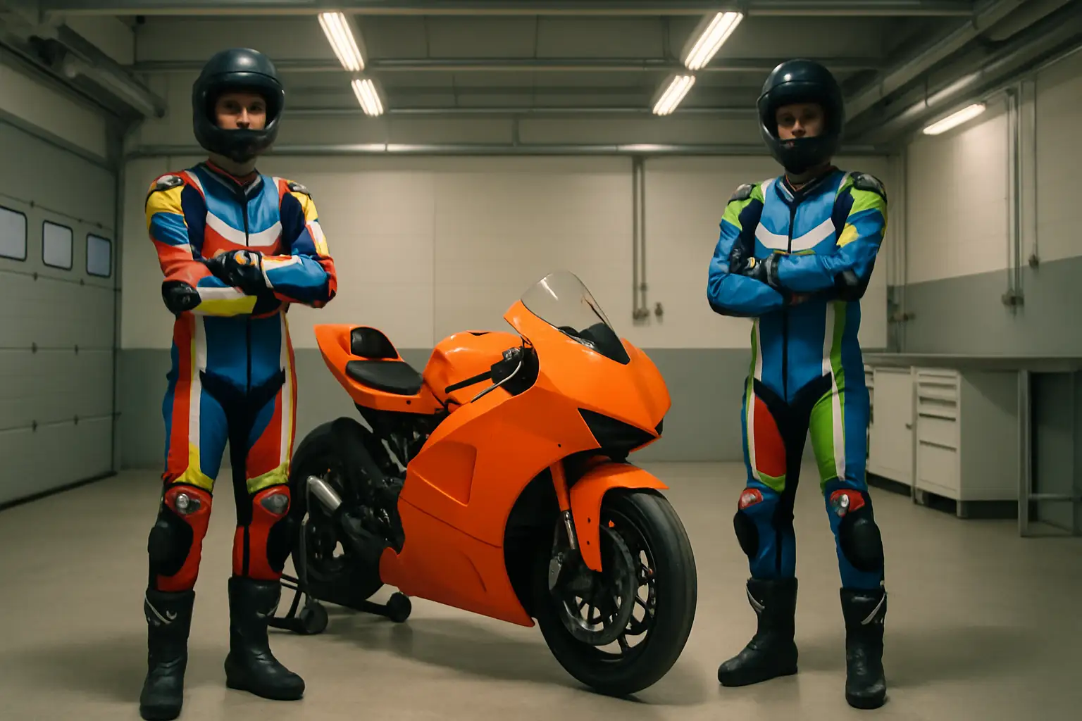 Two MotoGP riders in racing leathers standing beside a KTM RC16 motorcycle in a paddock garage
