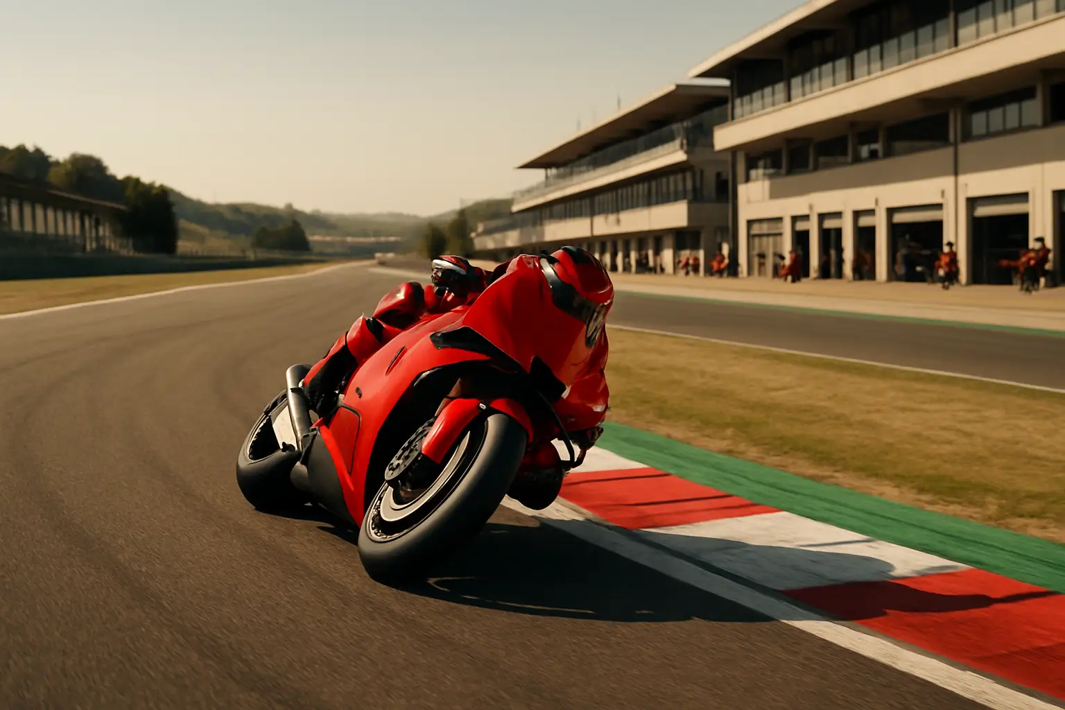 MotoGP rider on a Ducati machine accelerating out of a corner on a European circuit during a practice session