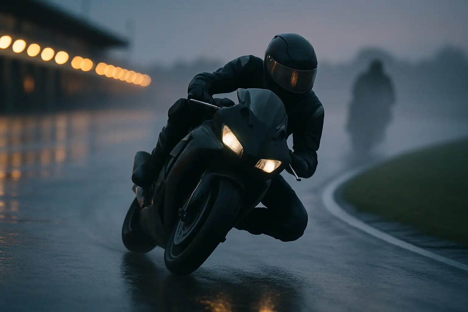 A MotoGP rider on track, helmet reflecting pit lane lights, competing alone under pressure