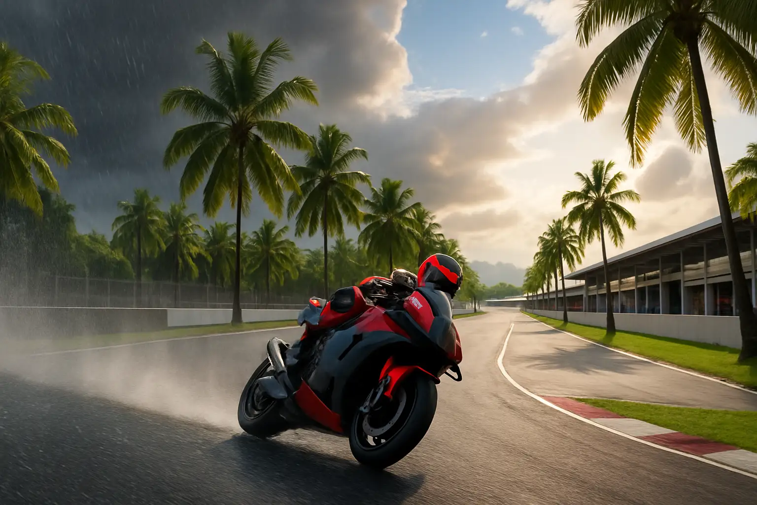 MotoGP racing bike on a wet circuit during a flag to flag race