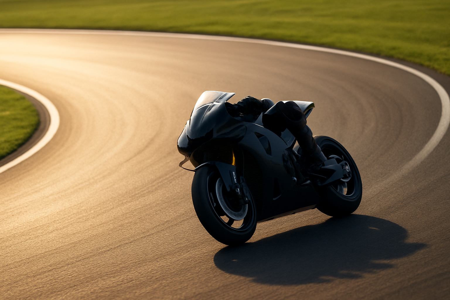 A MotoGP motorcycle leaning through a corner on a race circuit under bright daylight