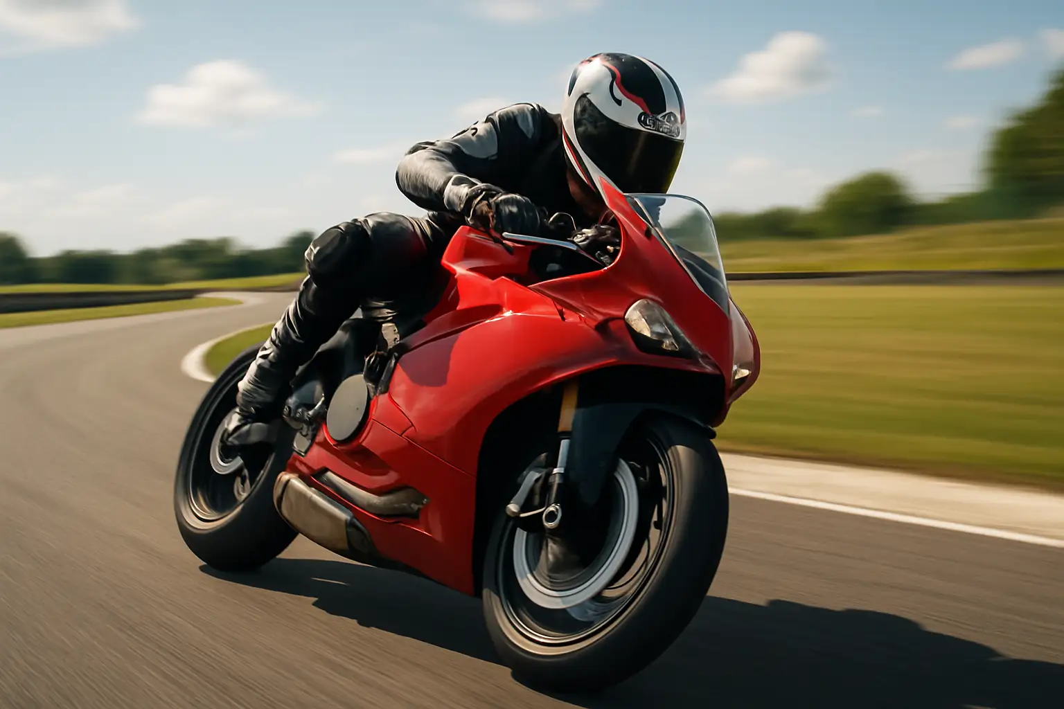 A MotoGP rider on a Ducati bike racing on track, leaning into a corner at speed