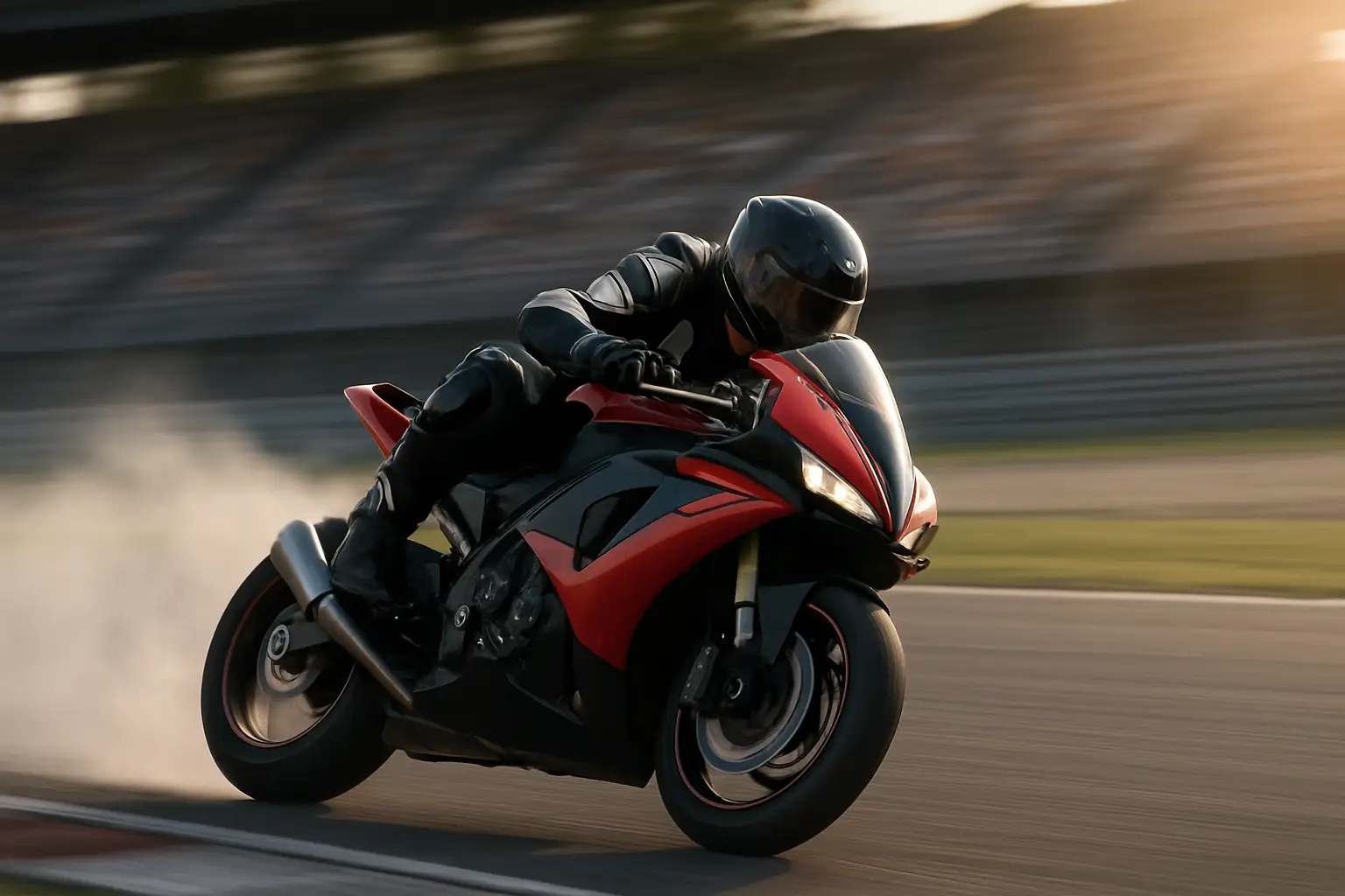 MotoGP rider leaning into a corner on a prototype motorcycle during a grand prix race