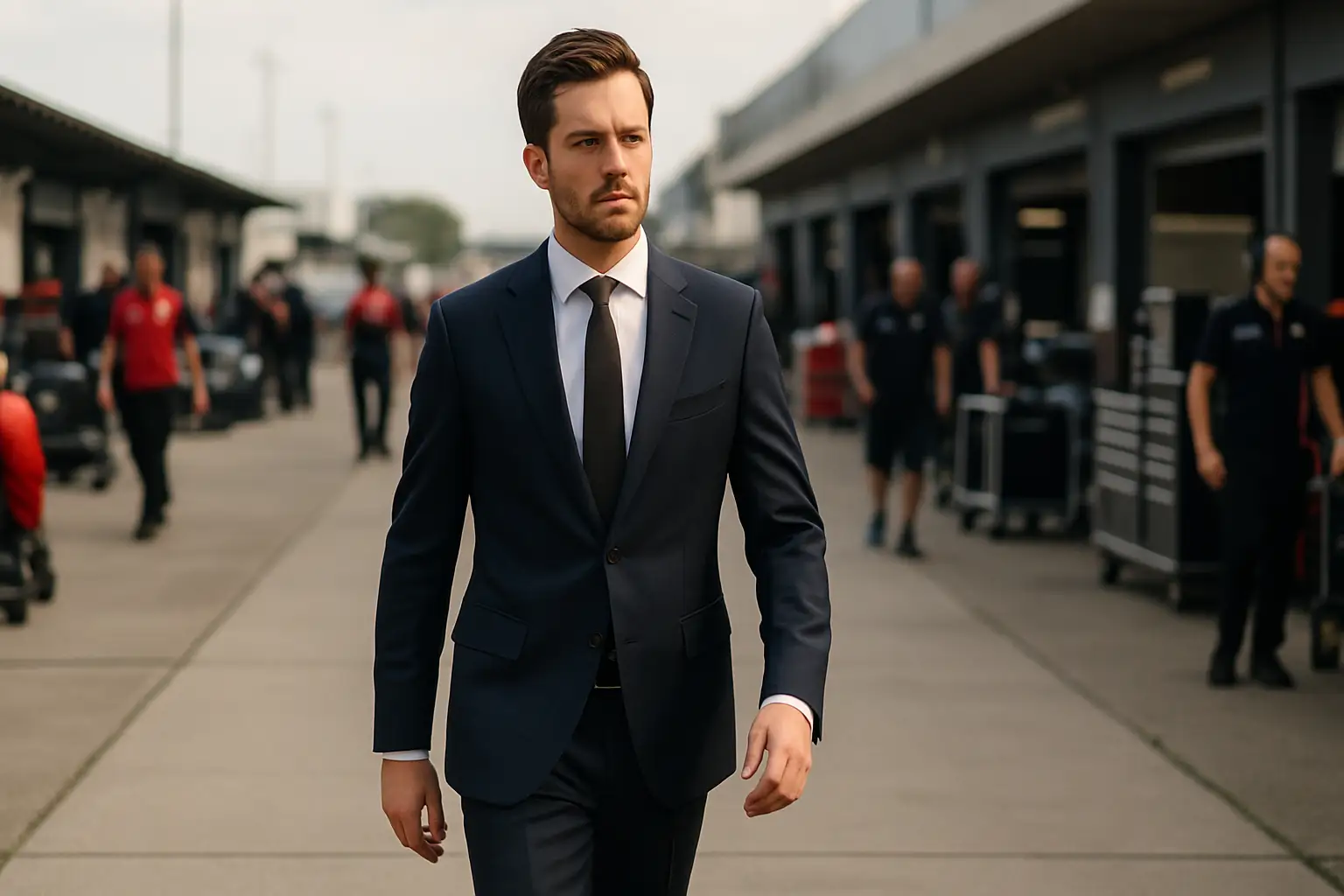 A stylishly dressed figure walking through a busy motorsport paddock surrounded by team garages