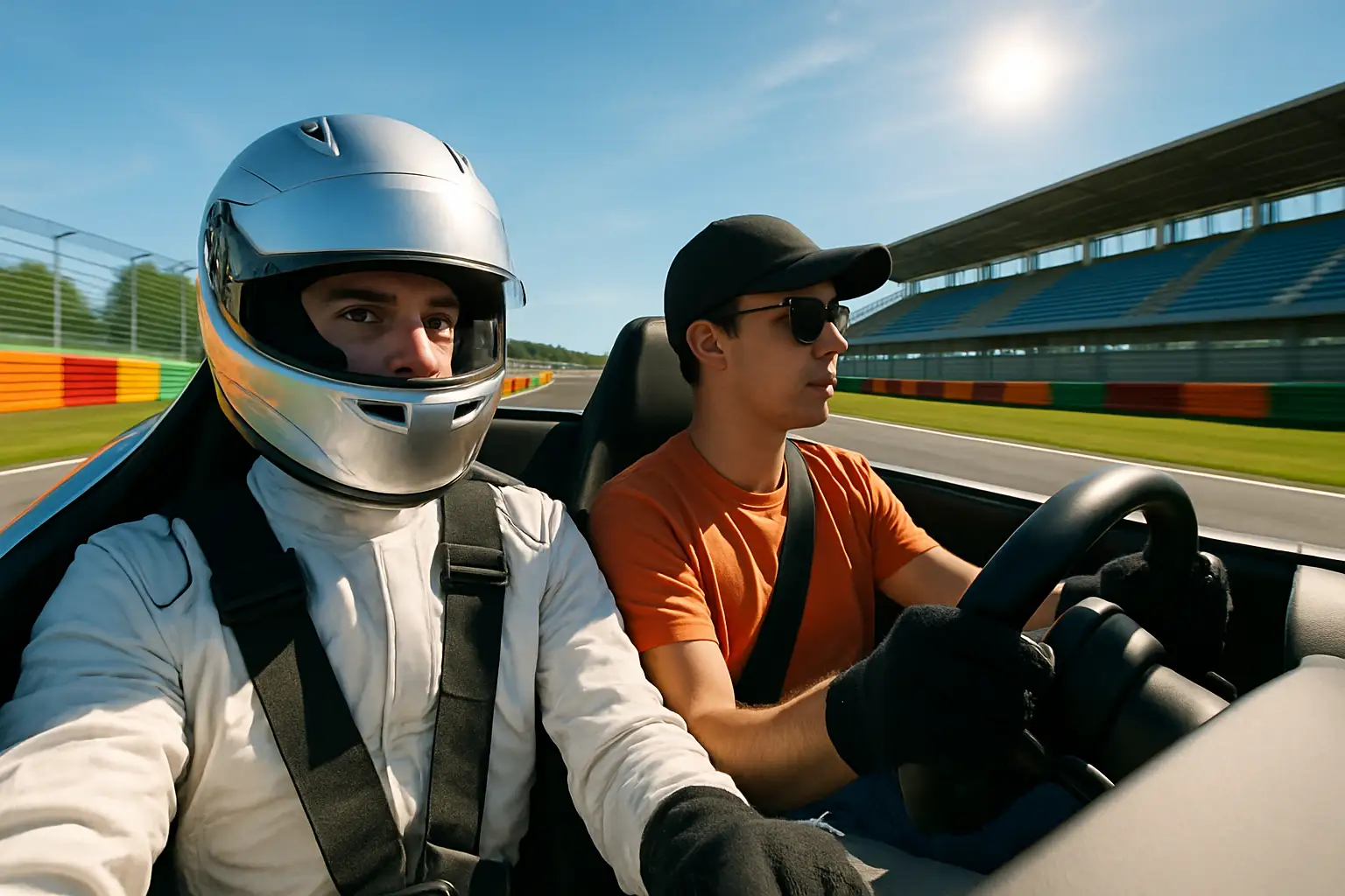 A young Formula 1 driver and a journalist riding together around a modern street circuit lined with barriers and grandstands