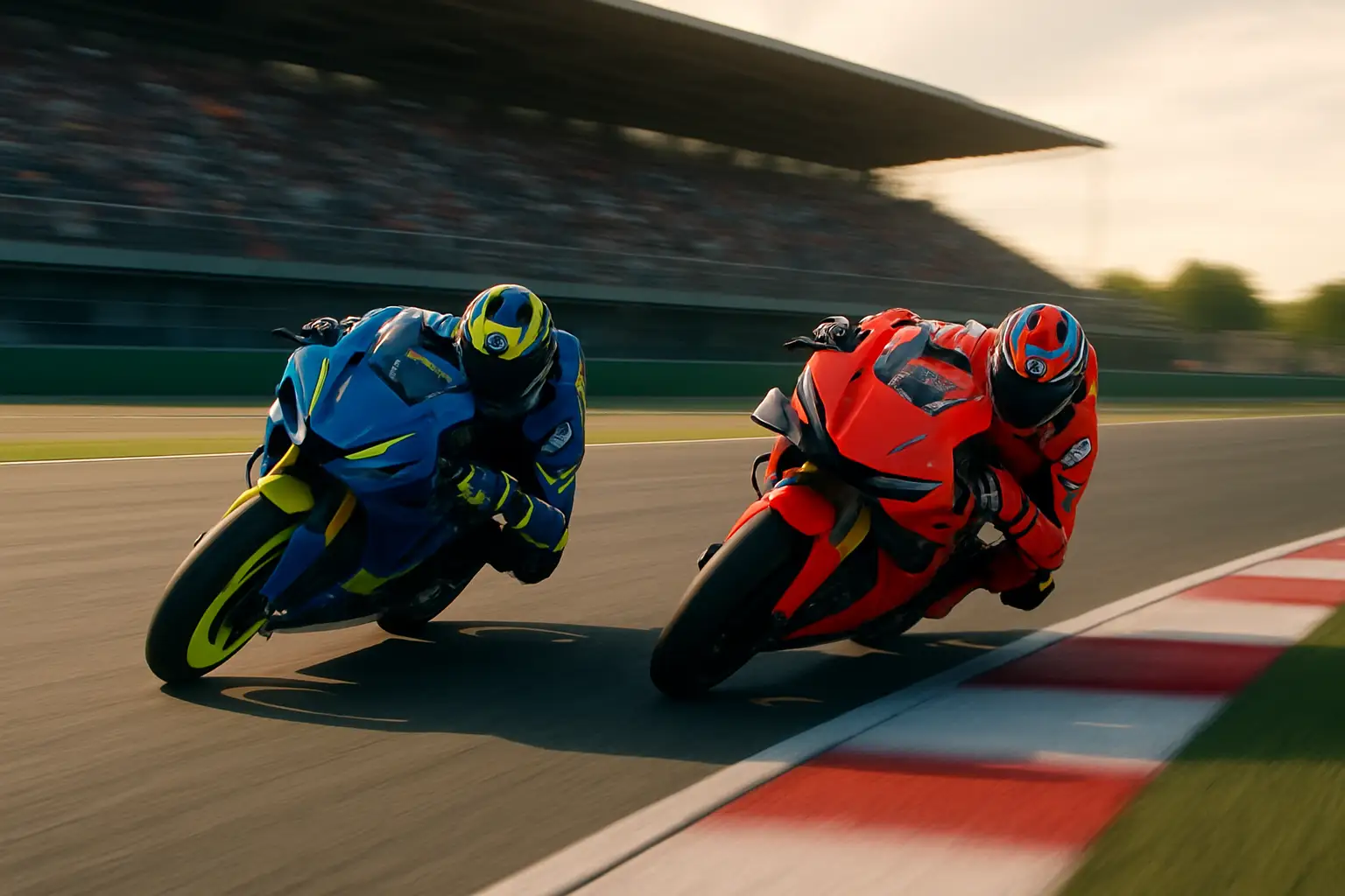 MotoGP bikes racing on track with Italian manufacturer liveries visible