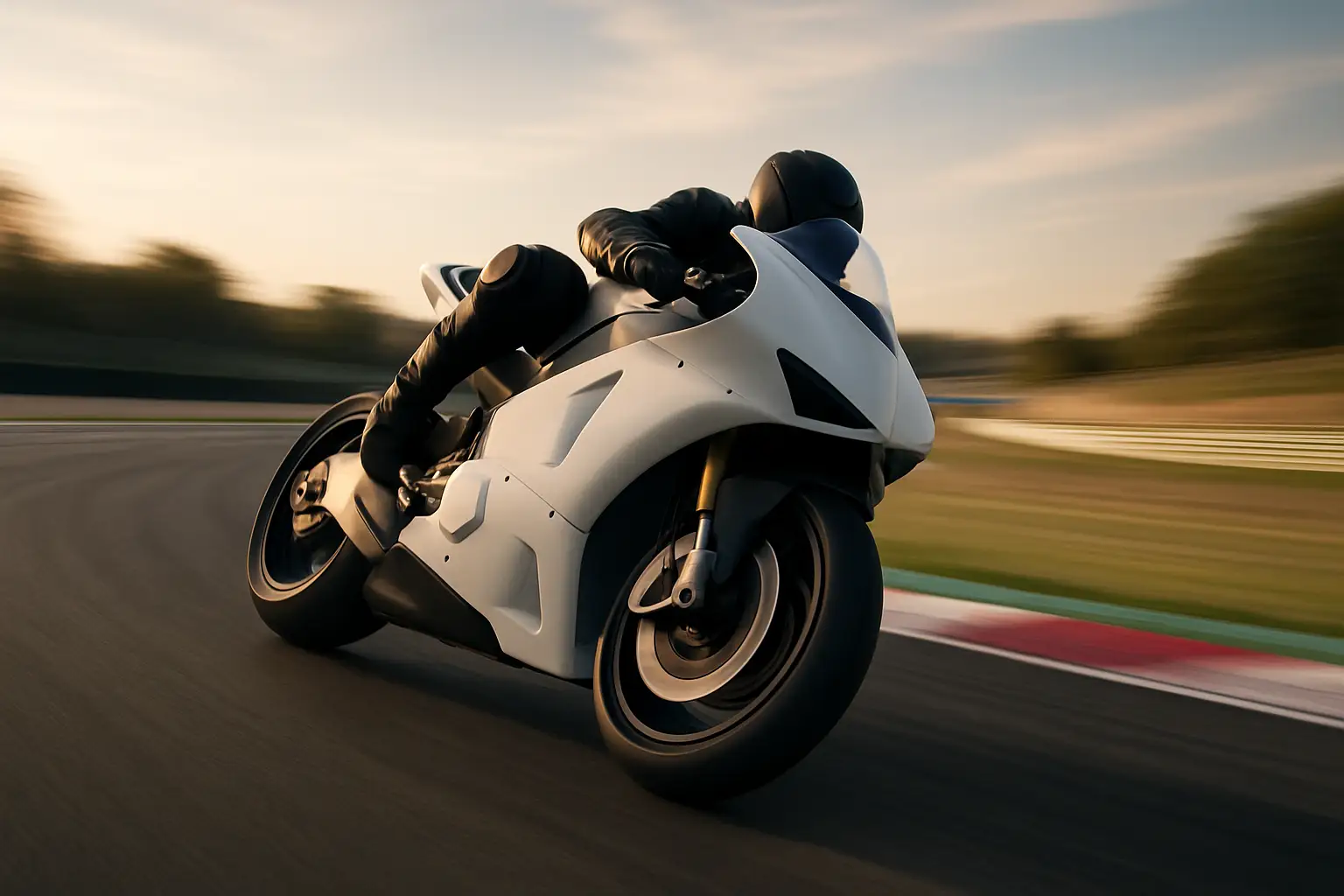 An Aprilia MotoGP race bike on a test track at speed, banking through a corner