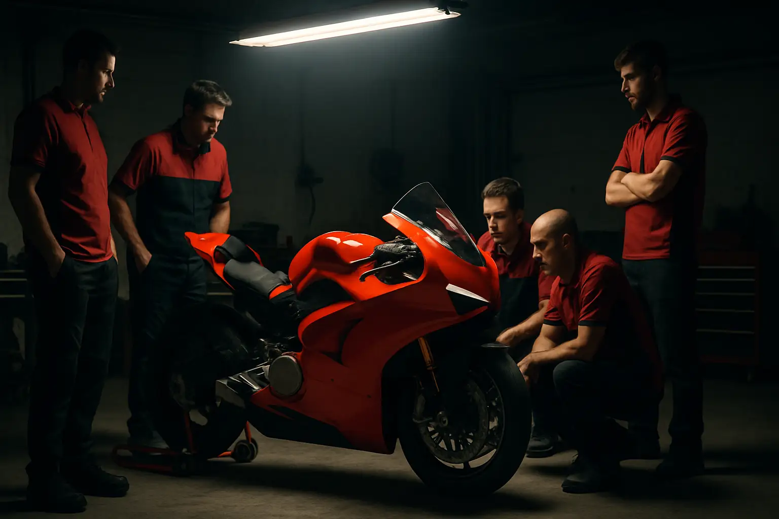 Aprilia MotoGP bike in the paddock garage with mechanics working ahead of a race weekend