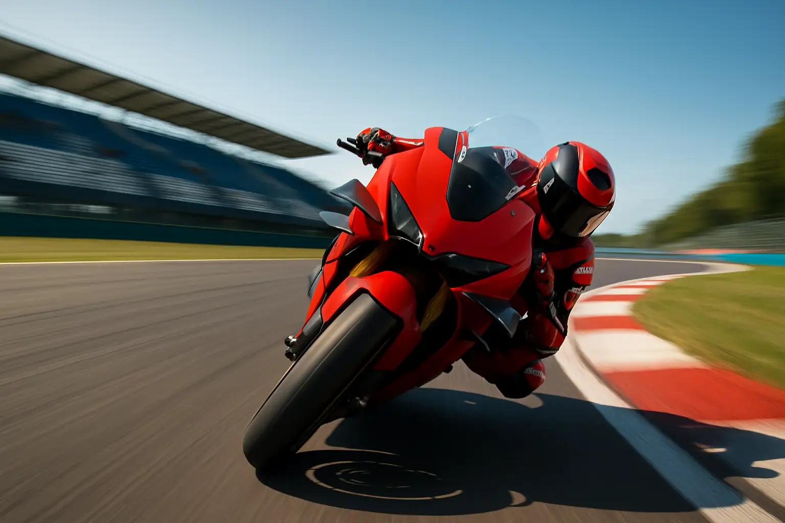 Aprilia MotoGP bike leaning hard through a corner on a race circuit