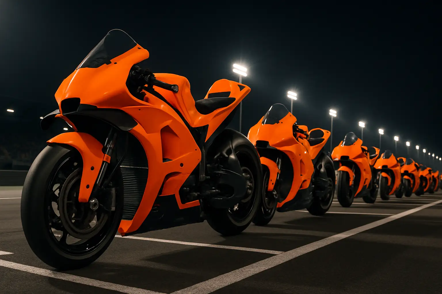 MotoGP racing motorcycles lined up on a circuit grid under bright lights