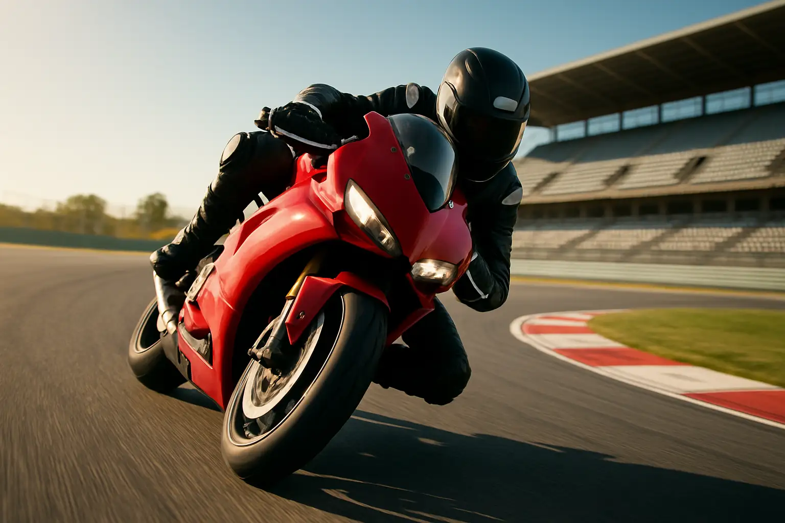 A motorcycle racer crouches low on his bike through a fast corner at a circuit