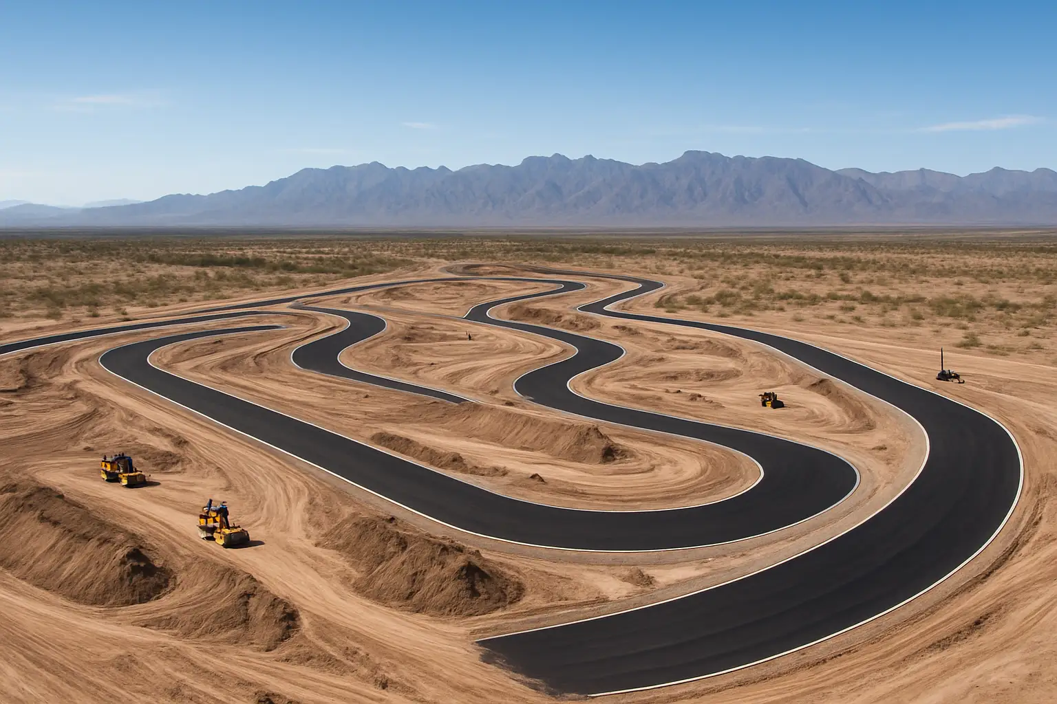 Aerial view of a MotoGP circuit under construction in a South American landscape