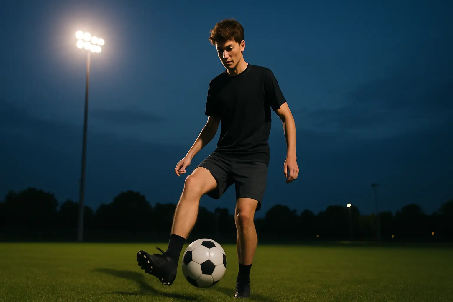 A young footballer training on a grass pitch at dusk with stadium lights in the background
