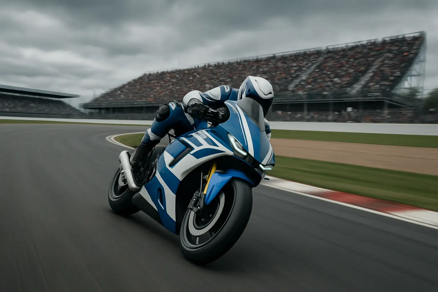 A MotoGP motorcycle leaning through a high-speed corner at a packed racing circuit