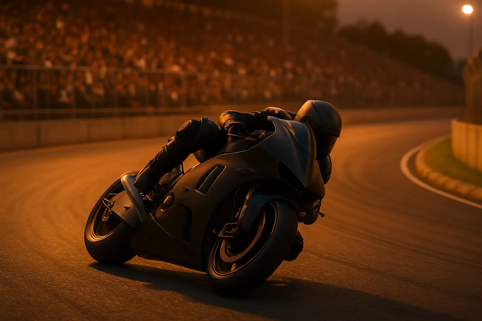 MotoGP motorcycle racing on a city street circuit at dusk with grandstands full of fans