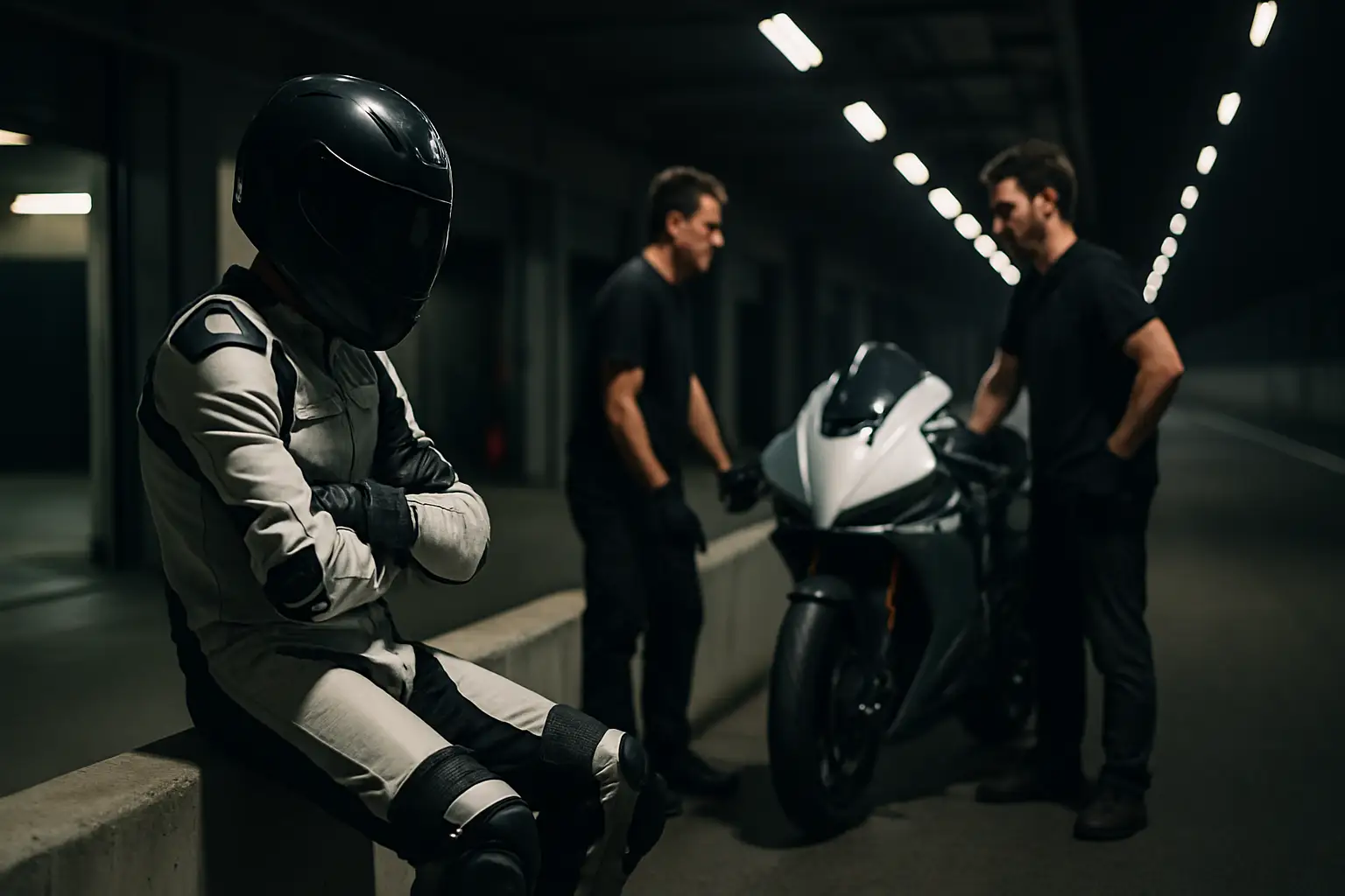 MotoGP rider sitting in pit lane garage looking frustrated after early race retirement