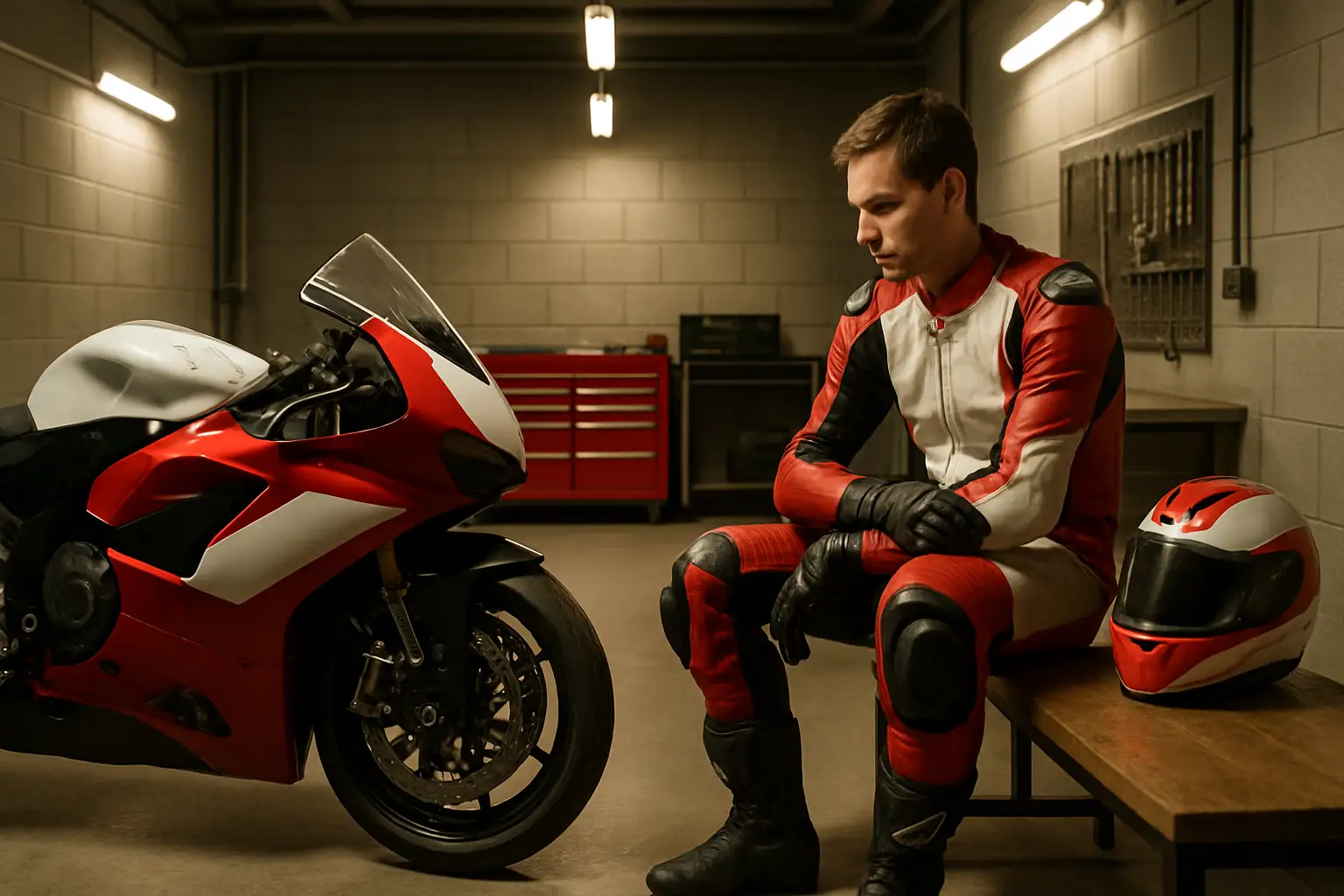 A MotoGP rider in full racing leathers and helmet sitting in a pit garage, arm in a recovery brace, looking focused