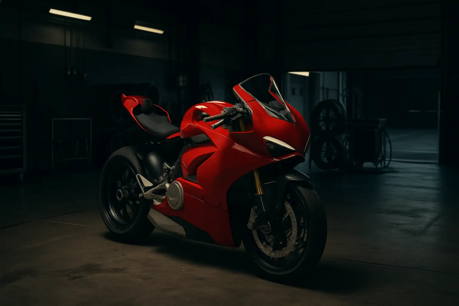 MotoGP factory garage with a Ducati Desmosedici race bike under dramatic lighting, mechanics in the background