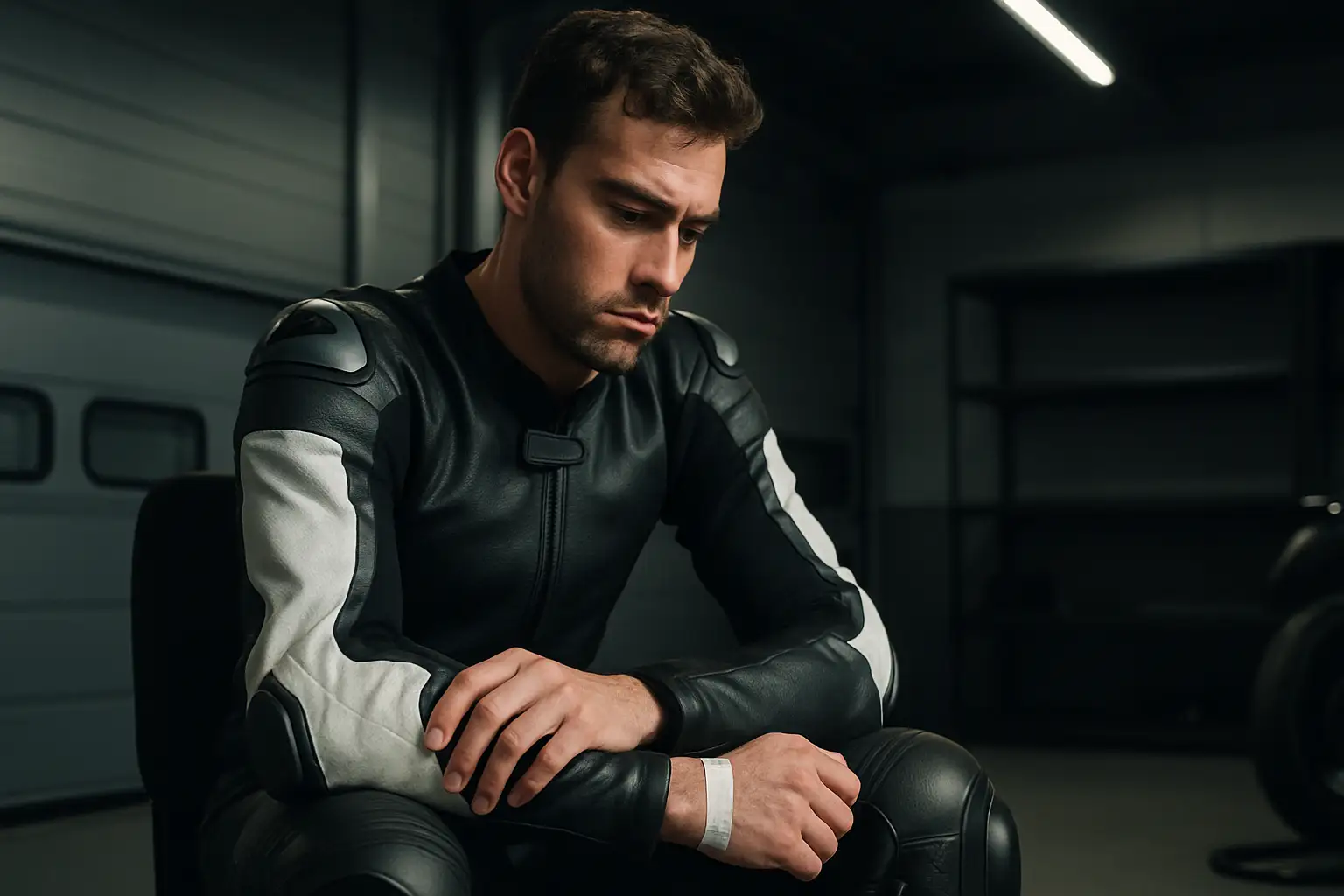 A MotoGP rider in red and white racing leathers sits in a paddock garage cradling his arm after a medical procedure