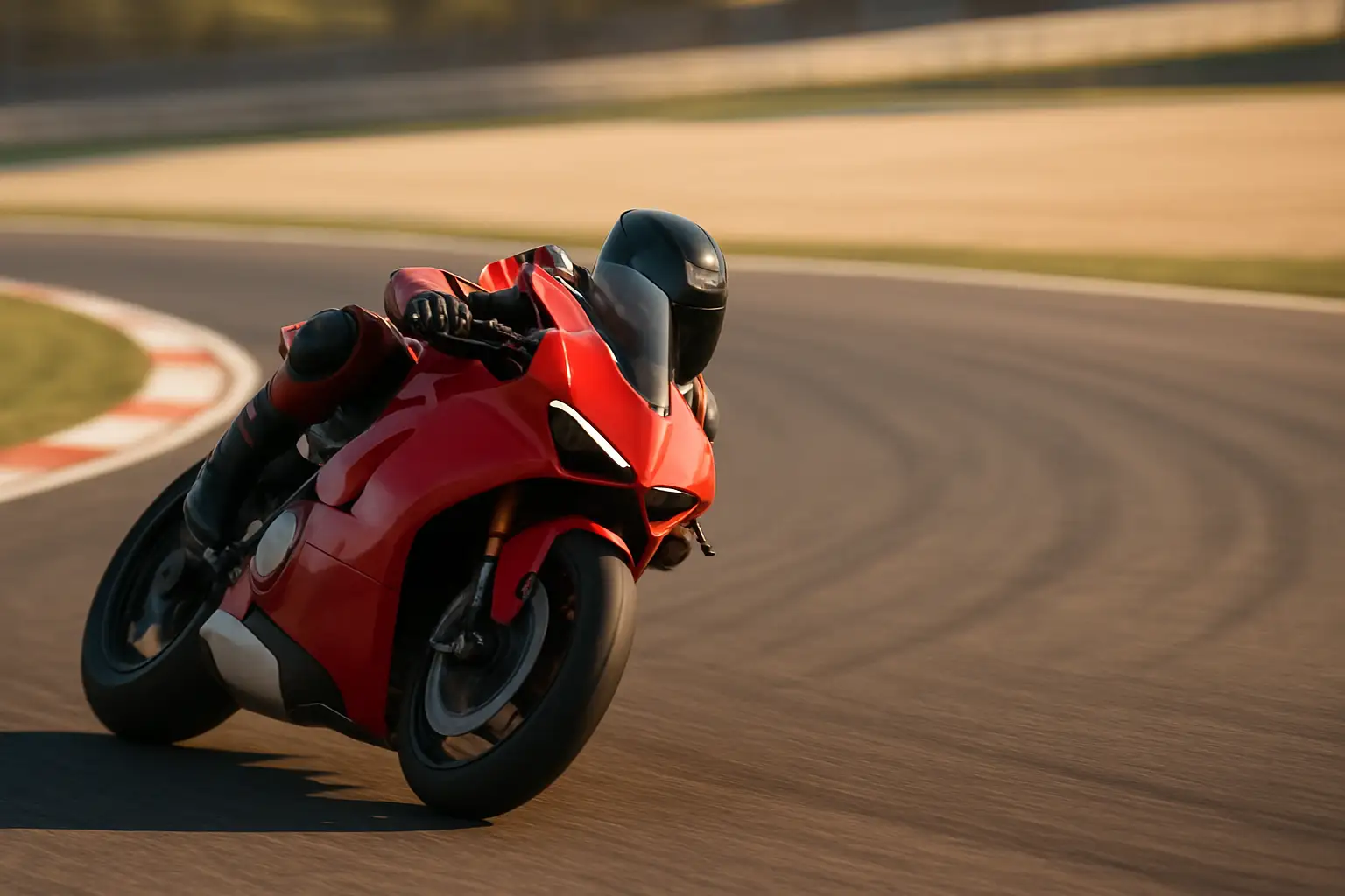 A MotoGP racing motorcycle leaning through a corner at high speed on a sunlit circuit